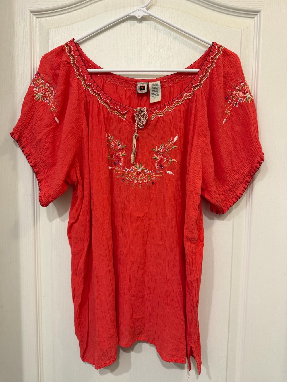 Embroidered Red Peasant Tunic Top